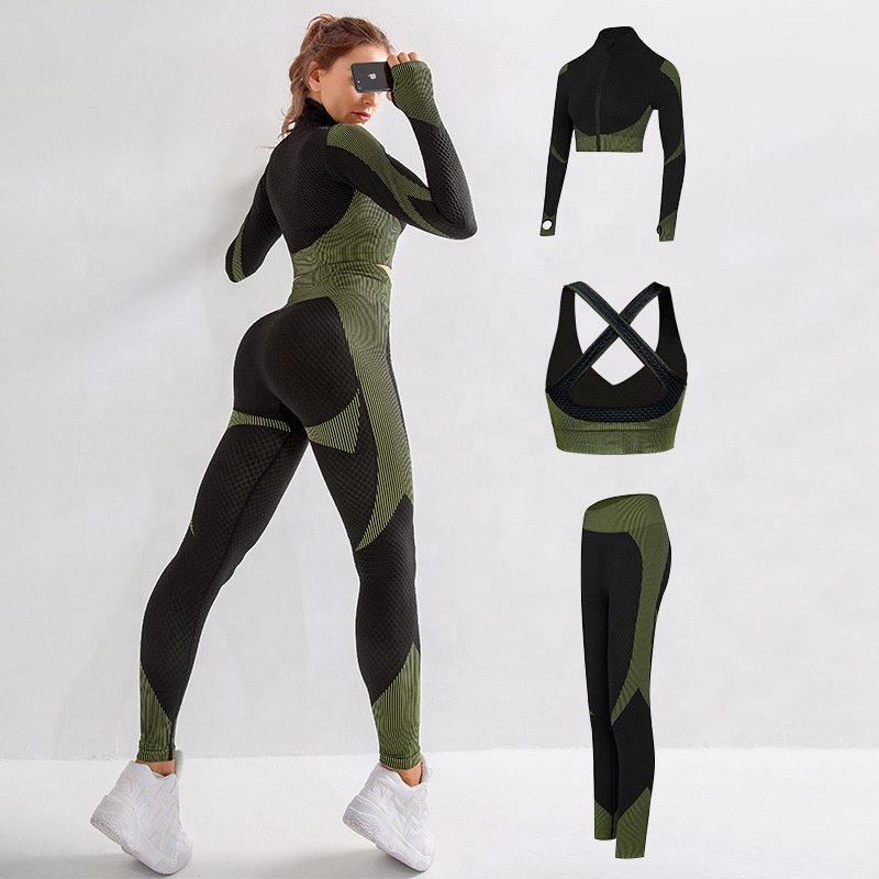 Wholesale 3 Piece Women Seamless Yoga Set With Zipper Manufacturers
